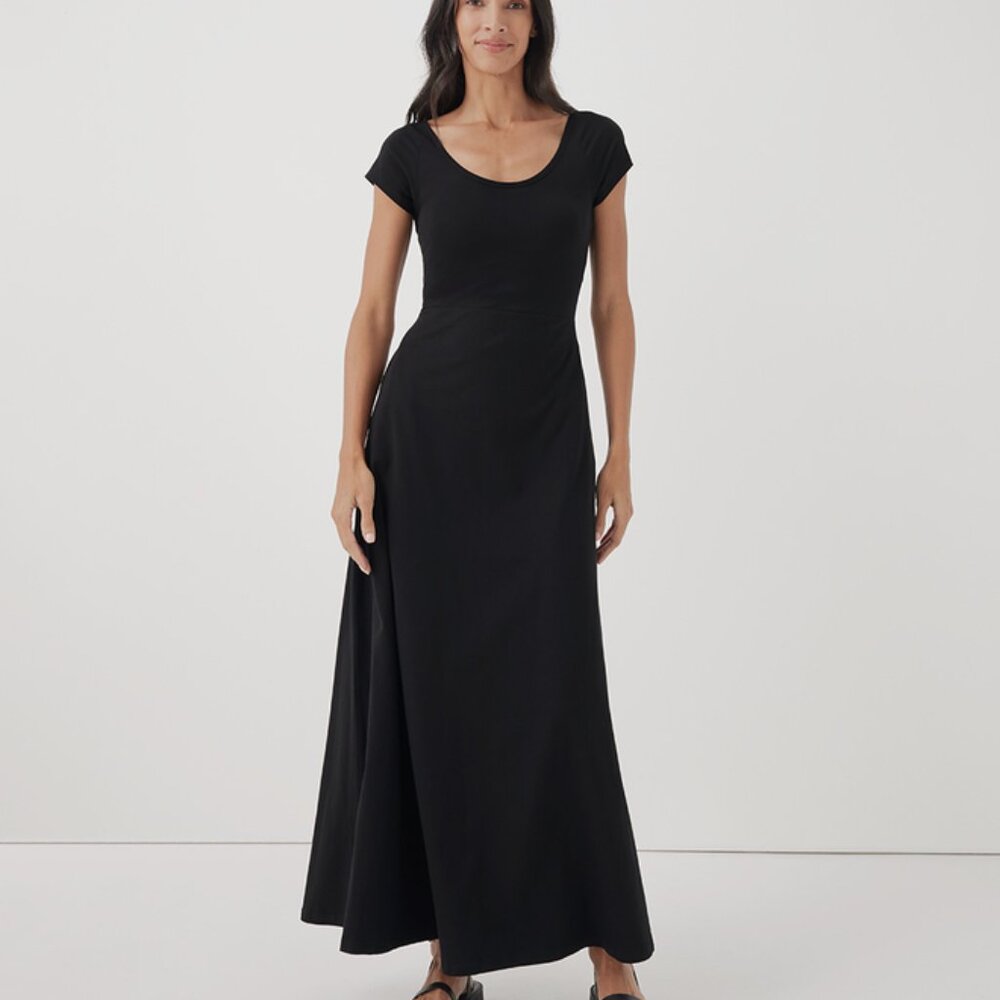 Pact Black Fit & Flare Crossback Maxi Dress NWT